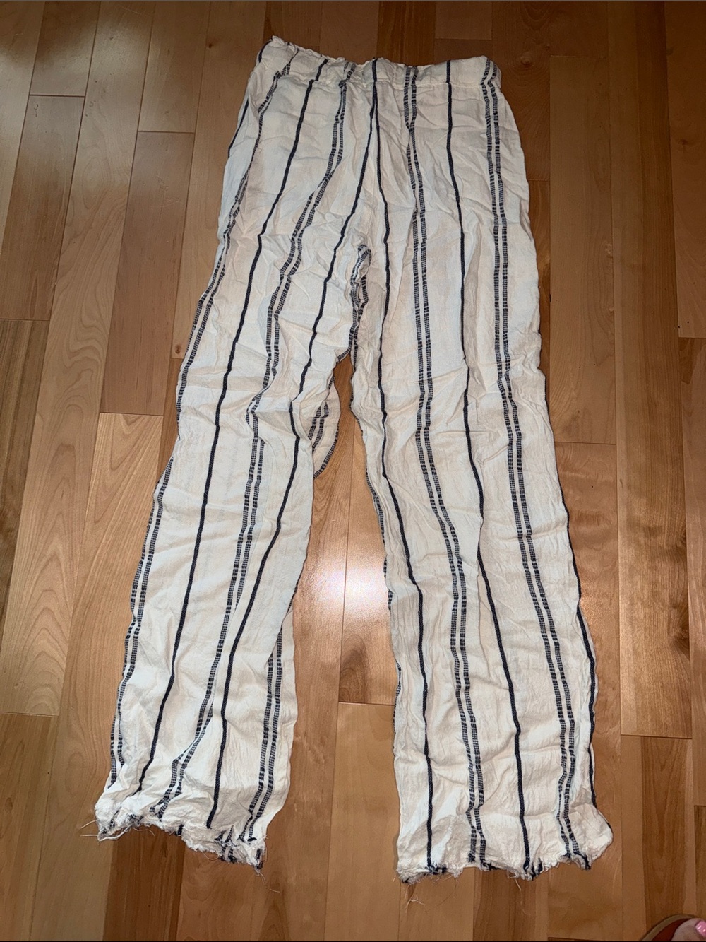 Linen White Pants with Navy Vertical Stripes and Raw Hem M - Picture 3 of 3